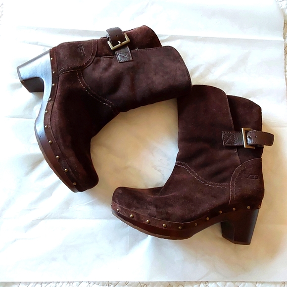 UGG Lynnea Brown Suade Wood heel Clog Boots Buckle Booties Size 7 In - Picture 9 of 13